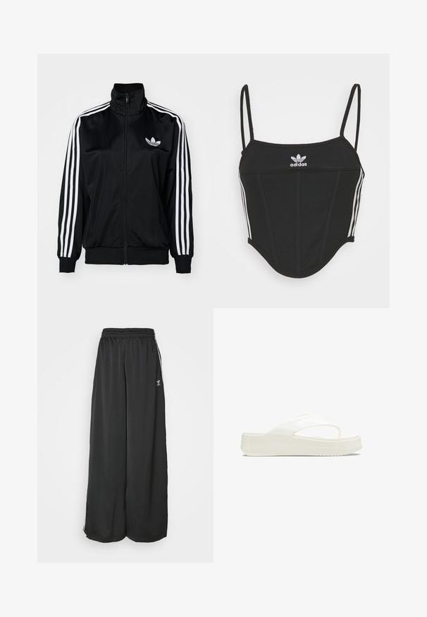 Schwarze Zip-Jacke mit hohem Kragen, ausgestattet mit weißen Drei-Streifen-Akzenten an den Ärmeln und gesticktem Logo auf der Brust. Glattes, sportliches Material.; Schwarzes, geripptes Crop Top mit verstellbaren dünnen Trägern, das drei weiße Streifen an den Seiten und ein kleines weißes Adidas-Logo in der Mitte aufweist.; Schwarze, locker sitzende Jogginghosen aus glattem Material. Mit elastischem Bund und seitlichen Streifen mit Logo-Akzenten.; Weiße Plattform-Flip-Flopsandalen mit einem glatten Kunststoff-Obermaterial, einem geteilten Riemendesign und einer strukturierten Sohle für guten Halt. Prägiertes Logo an der Seite.