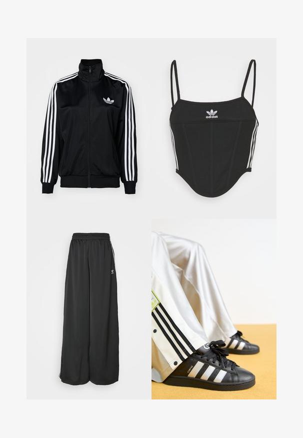 Casaco preto com fecho éclair e gola alta, com detalhes brancos de três riscas nas mangas e logo bordado no peito. Tecido liso e desportivo.; Top crop preto canelado com alças finas ajustáveis, apresentando três riscas brancas nas laterais e um pequeno logótipo branco da Adidas ao centro.; Calças de treino largas e soltas, feitas de tecido suave. Apresentam uma cintura elástica e riscas laterais com detalhes em logotipo.; Ténis Adidas Campus pretos com três riscas brancas e atacadores pretos, combinados com calças de fato brancas com riscas pretas e um patch de logotipo.