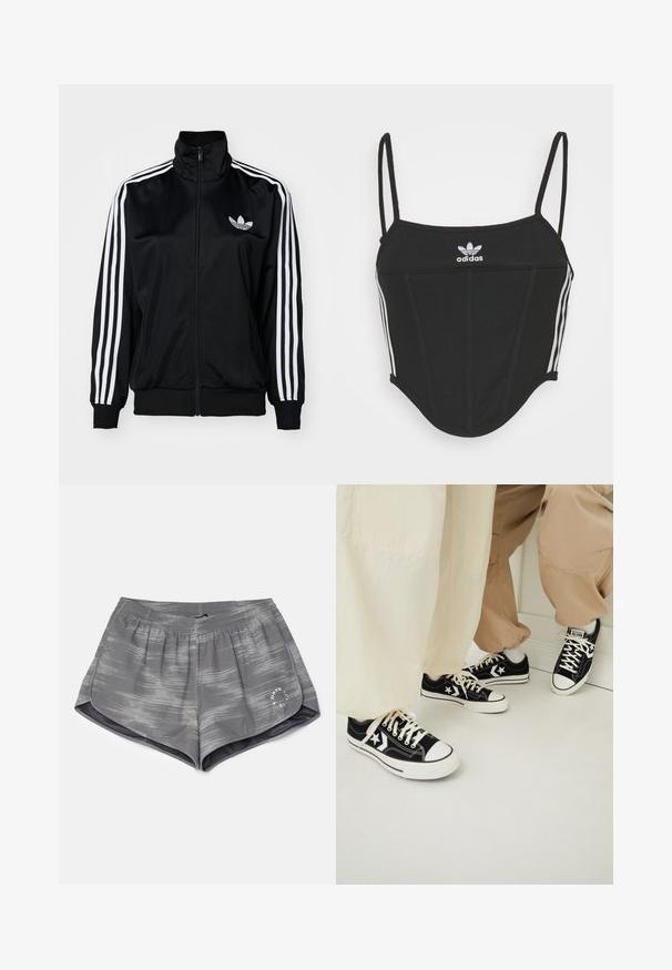 Giacca nera con zip e collo alto, caratterizzata da bande bianche a tre strisce sulle maniche e logo ricamato sul petto. Tessuto liscio e sportivo.; Crop top nero a coste con spalline sottili e regolabili, caratterizzato da tre strisce bianche sui lati e un piccolo logo Adidas bianco al centro.; Pantaloni corti sportivi grigi con un motivo ondulato, vita elasticizzata e aperture laterali per una maggiore flessibilità. Presenta un piccolo logo bianco sull'orlo.; Sneaker nere in tela con suole bianche in gomma, con dettagli a forma di stella bianchi e lacci neri, abbinate a pantaloni beige chiaro e crema.