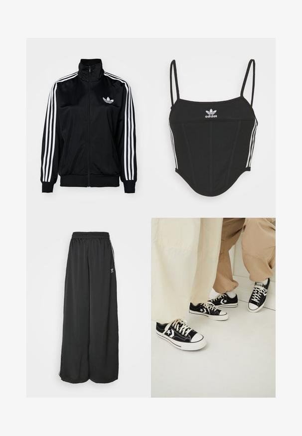 Schwarze Zip-Jacke mit hohem Kragen, ausgestattet mit weißen Drei-Streifen-Akzenten an den Ärmeln und gesticktem Logo auf der Brust. Glattes, sportliches Material.; Schwarzes, geripptes Crop Top mit verstellbaren dünnen Trägern, das drei weiße Streifen an den Seiten und ein kleines weißes Adidas-Logo in der Mitte aufweist.; Schwarze, locker sitzende Jogginghosen aus glattem Material. Mit elastischem Bund und seitlichen Streifen mit Logo-Akzenten.; Schwarze Segeltuch-Sneaker mit weißen Gummisohlen, verziert mit weißen Sternakzenten und schwarzen Schnürsenkeln, kombiniert mit hellbeigen und cremefarbenen Hosen.