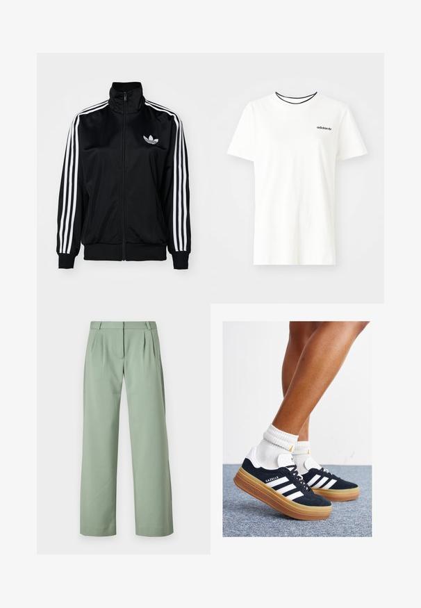 Čierna zipová bunda s vysokým golierom, s bielymi trojprúžkovými akcentmi na rukávoch a vyšitým logom na hrudi. Hladká, športová látka.; Biela bavlnená tričko s krátkymi rukávmi a okrúhlym výstrihom. Obsahuje čierne logo Adidas na hrudi a kontrastný čierny vnútorný golier.; Zelené priliehavé nohavice vyrobené z hladkej tkaniny. Majú rovný strih, záhyby vpredu a bočné vrecká.; Čierne semišové tenisky s bielymi pruhmi a detailmi, so zaoblenou špičkou, podrážkou z gumovej gumy, doplnené bielymi rebrovanými ponožkami.