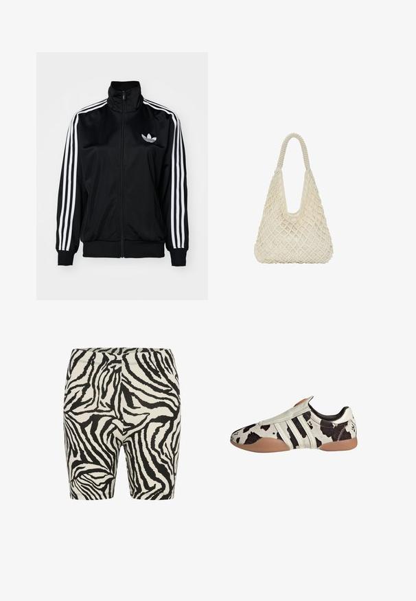 Crna zip-up jakna s visokim ovratnikom, sa bijelim trostrukim prugama na rukavima i izvezenim logom na prsima. Glatki, sportski materijal.; Bijela sportska majica bez rukava s prilagođenim dizajnom, izrezanim bočnim dijelovima i crnim izvezenim logotipom. Izrađena od rastezljivog, glatkog materijala.; Kratke tajice sa zebra uzorkom u crno-bijeloj boji, glatke teksture, s elastičnom pasicom i prilagođenim dizajnom, pogodne za svakodnevno nošenje ili vježbanje.; Cipele od kože s bijelo-crnim uzorkom i teksturiranim završetkom, s tri bijele horizontalne pruge i smešnim gumenim potplatom.; Torba od kremaste boje, tkana, s dijamantnim uzorkom, meke teksture i s uvrnutom ručkom, koja ima opušteni hobo oblik.