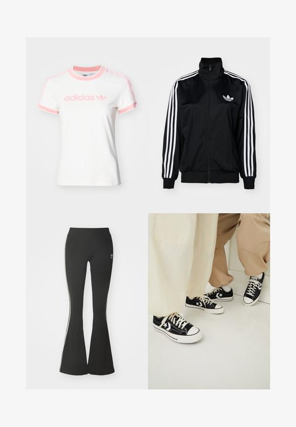 Black zip-up jacket with high collar, featuring white three-stripe accents on sleeves and embroidered logo on chest. Smooth, sporty fabric.; adidas Originals GRAPHIC BADGE SLIM 3-STRIPES - Print T-shirt - cloud white; Black flared leggings made of stretch fabric, featuring a high waistband and white side stripes. Includes small logo at the waist.; Black canvas sneakers with white rubber soles, featuring white star accents and black shoelaces, paired with light beige and cream pants.