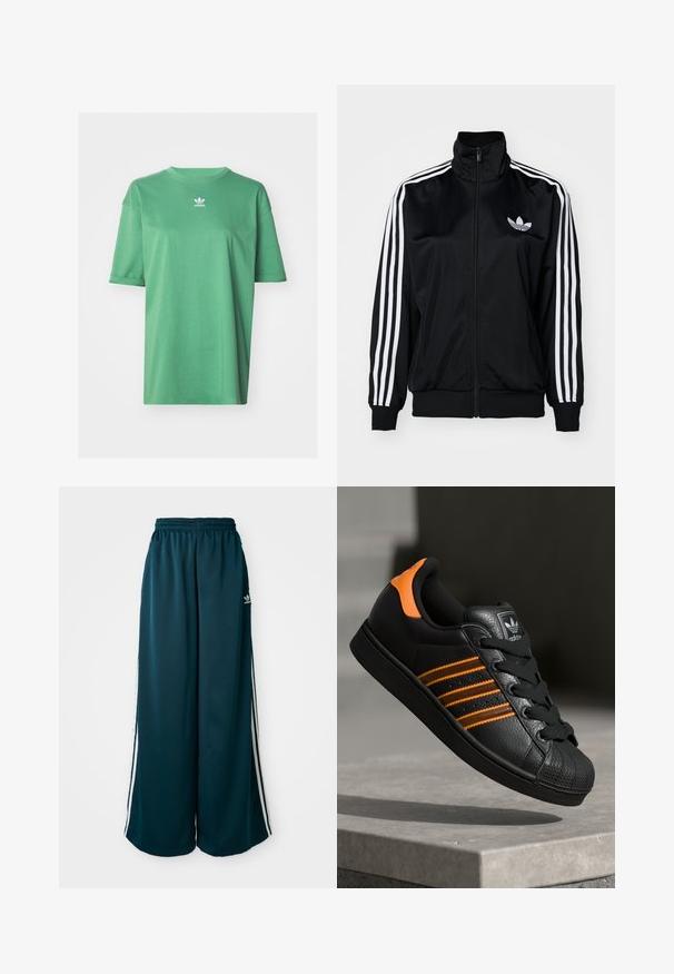 Melnas jaka ar rāvējslēdzēju un augstu apkakli, kurai ir baltas trīs svītras uz piedurknēm un izšūta logo uz krūšu daļas. Gluda, sportiska auduma.; adidas Originals TEE - Pamata T-krekls - preloved green; Tirkīza krāsas plaša kāju sporta bikses ar elastīgu jostu, kurām pa malām ir trīs baltas svītras un kreisajā pusē ir Adidas logotips.; Melnas kedas ar oranžiem akcentiem, trīs horizontālas svītras, teksturēts ādas augšdaļa, gumijas purngala daļa un melnas auklas.