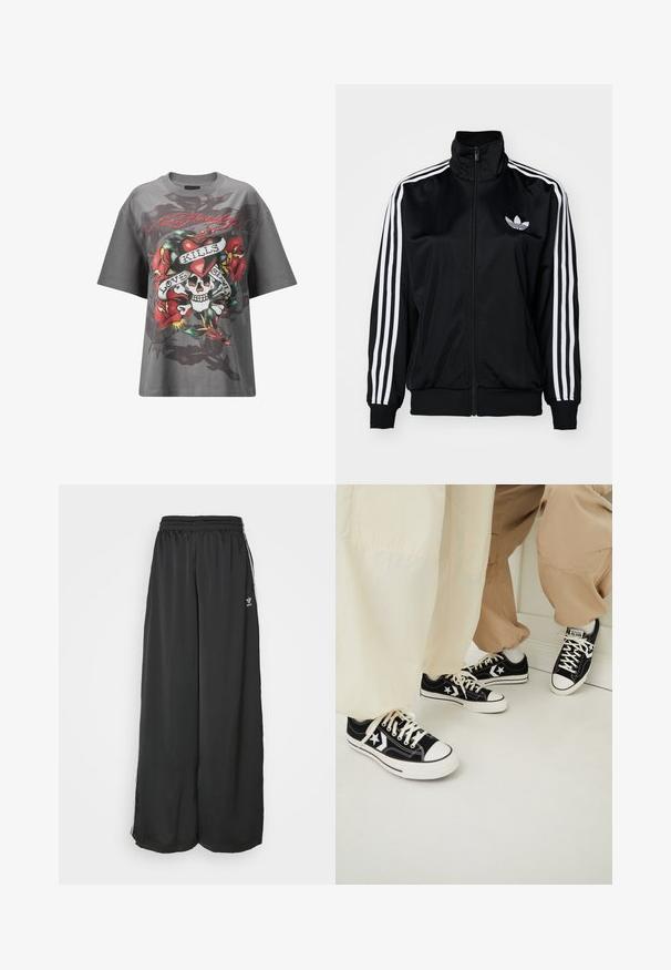 Sort zip-up jakke med høj krave, prydet med hvide tre-stribede akcenter på ærmerne og broderet logo på brystet. Glat, sportsligt stof.; Grå bomulds t-shirt med et stort grafisk print af et kranium med roser og teksten "LOVE KILLS" på forsiden. Bred, afslappet pasform.; Sorte løstsiddende træningsbukser lavet af glat stof. Har en elastisk talje og sidelogsstriber med logoaccents.; Sorte kanvas sneakers med hvide gummisåler, prydet med hvide stjerne-detajler og sorte snørebånd, parret med lyse beige og cremefarvede bukser.