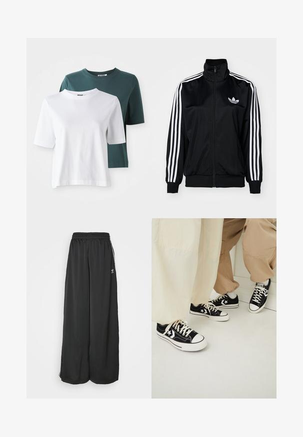 Czarna kurtka zapinana na zamek z wysokim kołnierzem, z białymi akcentami w postaci trzech pasków na rękawach i haftowanym logo na klatce piersiowej. Gładki, sportowy materiał.; Dwie koszulki z krótkim rękawem: jedna biała, a druga ciemnoniebieska. Obie mają okrągły dekolt i miękką, bawełnianą teksturę. Etykieta marki widoczna na szyi.; Czarne, luźne spodnie dresowe wykonane z gładkiego materiału. Posiadają elastyczny pas i boczne paski z akcentami logo.; Czarne trampki na canvasie z białymi gumowymi podeszwami, ozdobione białymi gwiazdami i czarnymi sznurówkami, w zestawieniu z jasnobeżowymi i kremowymi spodniami.
