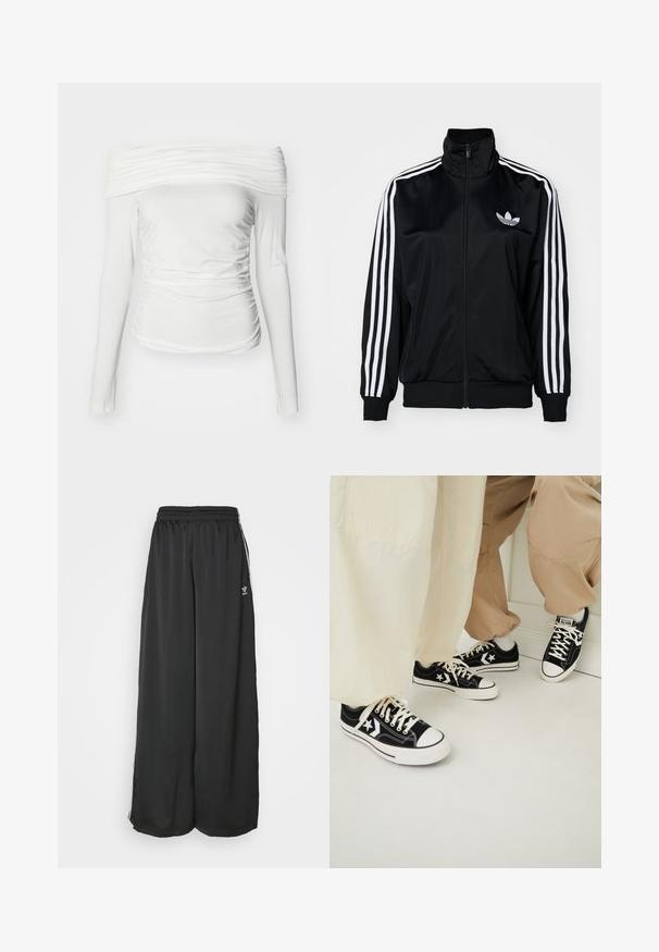 Melnas jaka ar rāvējslēdzēju un augstu apkakli, kurai ir baltas trīs svītras uz piedurknēm un izšūta logo uz krūšu daļas. Gluda, sportiska auduma.; Balta, ar garām piedurknēm, blūze ar plecus atsedzošu dizainu, ar savelkamu tekstūru un sānu rīvēšanu, nodrošinot pieguļošu siluetu.; Melni brīvi pieguļoši sporta bikses, kas izgatavotas no maigas auduma. Iespējas ietver elastīgu jostasvietu un sānu svītras ar logo akcentiem.; Melnas auduma sporta kedas ar baltām gumijas zolēm, kuras papildinātas ar baltām zvaigžņu akcentiem un melnu šņoru, kopā ar gaiši bežām un krēmkrāsas biksēm.