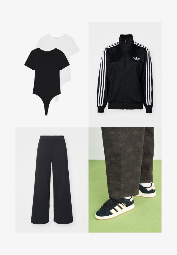 Casaco preto com fecho éclair e gola alta, com detalhes brancos de três riscas nas mangas e logo bordado no peito. Tecido liso e desportivo.; Bodysuits sem mangas em preto e branco com decote redondo e fundo em fio dental, feitos de um tecido liso e elástico.; Calças de fato largas, pretas, feitas de tecido macio, com uma cintura elástica e um pequeno logótipo do lado esquerdo.; Calças pretas com padrão, combinadas com ténis de camurça azul-marinho com riscas creme e solas brancas. As superfícies mostradas são texturizadas e planas.