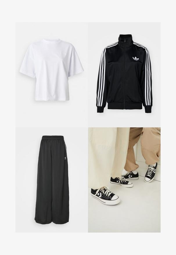 Černá bunda na zip s vysokým límcem, s bílými pásky se třemi pruhy na rukávech a vyšitým logem na hrudi. Hladký, sportovní materiál.; Bílý bavlněný tričko s volným střihem, krátkými rukávy a žebrovaným kulatým výstřihem. Obsahuje decentní branding na hrudi.; Černé volné sportovní kalhoty vyrobené z hladké tkaniny. Mají elastický pas a boční pruhy s logem.; Černé plátěné tenisky s bílou gumovou podrážkou, se bílými hvězdicovými detaily a černými tkaničkami, doplněné světlobéžovými a krémovými kalhotami.