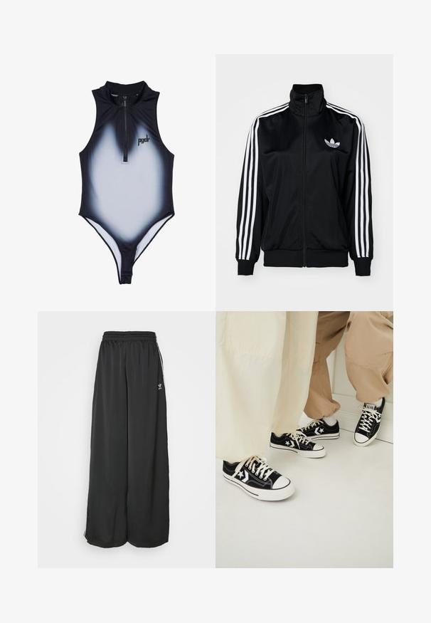 Čierna zipová bunda s vysokým golierom, s bielymi trojprúžkovými akcentmi na rukávoch a vyšitým logom na hrudi. Hladká, športová látka.; Čierno-biely gradientový plavky s vysokým golierom a predným zipsom. Obsahuje logo na hrudi a priliehavý strih pre aerodynamický tvar.; Čierne široké tréningové nohavice vyrobené z hladkej látky. Obsahujú elastický pás a bočné pruhy s logom.; Čierne plátnené tenisky s bielymi gumovými podrážkami, doplnené bielymi hviezdičkami a čiernymi šnúrkami, skombinované so svetlo béžovými a krémovými nohavicami.