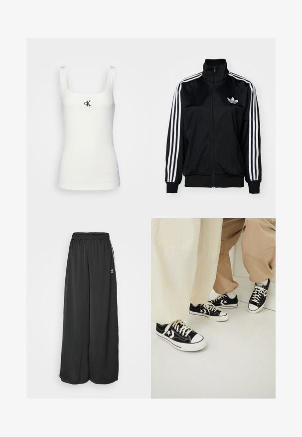 Černá bunda na zip s vysokým límcem, s bílými pásky se třemi pruhy na rukávech a vyšitým logem na hrudi. Hladký, sportovní materiál.; Bílý bavlněný top bez rukávů se čtvercovým výstřihem a úzkými ramínky. Na přední straně se nachází malé černé vyšívané logo CK.; Černé volné sportovní kalhoty vyrobené z hladké tkaniny. Mají elastický pas a boční pruhy s logem.; Černé plátěné tenisky s bílou gumovou podrážkou, se bílými hvězdicovými detaily a černými tkaničkami, doplněné světlobéžovými a krémovými kalhotami.