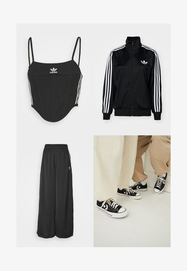 Juodas zip-up džemperis su aukštu apykakle, turintis baltus tris juostų akcentus ant rankovių ir išsiuvinėtą logotipą ant krūtinės. Lygus, sportiškas audinys.; Juodas juostuotas trumpas viršus su reguliuojamomis plonomis petnešomis, puikuojantis trimis baltomis juostelėmis šonuose ir mažuoju balto Adidas logotipu centre.; Juoda laisva kelnės sportui, pagamintos iš lygios medžiagos. Turi elastinį juosmenį ir šonines juosteles su logotipo akcentais.; Juodos drobės sportbačiai su baltais guminių padų, kurie turi baltas žvaigždutes ir juodas raišteles, derinami su šviesių smėlio ir kreminės spalvos kelnėmis.