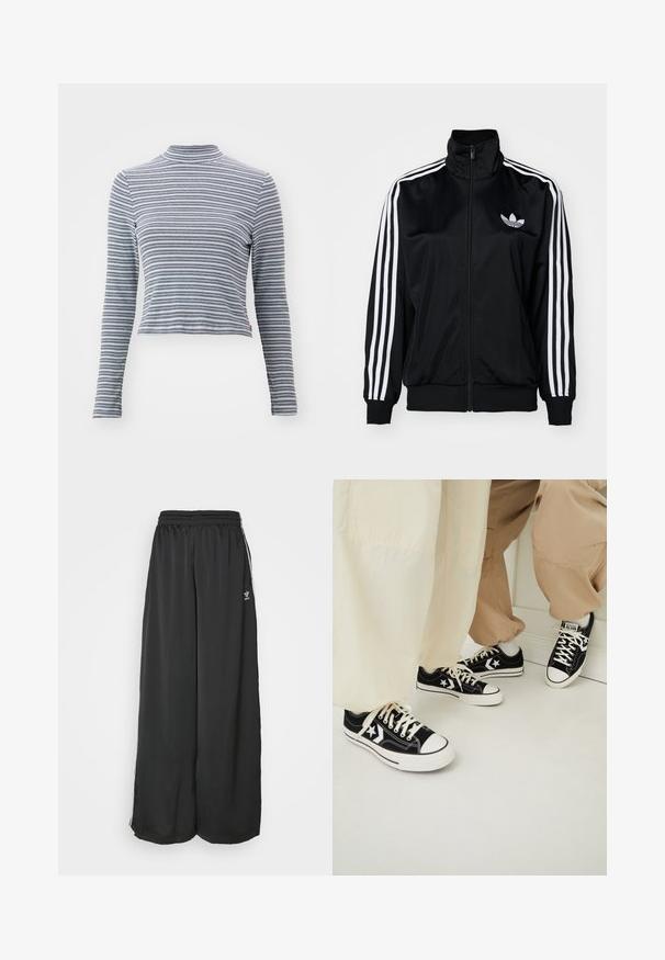 Veste zippée noire à col haut, avec des accents de trois bandes blanches sur les manches et un logo brodé sur la poitrine. Tissu lisse et sportif.; Haut à col roulé à manches longues à rayures, fabriqué en tissu doux. Il présente de fines rayures horizontales noires et blanches et un design ajusté.; Pantalons de jogging noirs amples en tissu lisse. Comprend une taille élastique et des bandes latérales avec des accents de logo.; Baskets en toile noires avec semelles en caoutchouc blanches, présentant des accents d'étoiles blanches et des lacets noirs, associées à un pantalon beige clair et crème.
