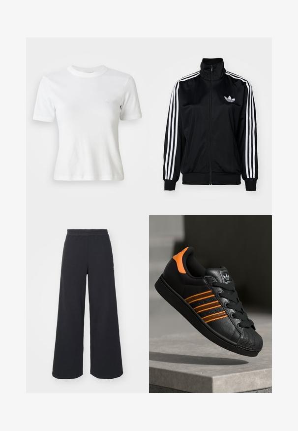 Czarna kurtka zapinana na zamek z wysokim kołnierzem, z białymi akcentami w postaci trzech pasków na rękawach i haftowanym logo na klatce piersiowej. Gładki, sportowy materiał.; Biała, żeberkowa koszulka z krótkim rękawem, okrągłym dekoltem i małym logo na piersi. Wykonana z miękkiego materiału, o dopasowanym kroju.; Czarne szerokie spodnie dresowe wykonane z miękkiego materiału, z elastycznym paskiem w talii oraz małym logo po lewej stronie.; Czarne sneakersy z pomarańczowymi akcentami, trzema poziomymi paseczkami, skórzaną cholewką o teksturowanej powierzchni, gumowym noskiem i czarnymi sznurówkami.