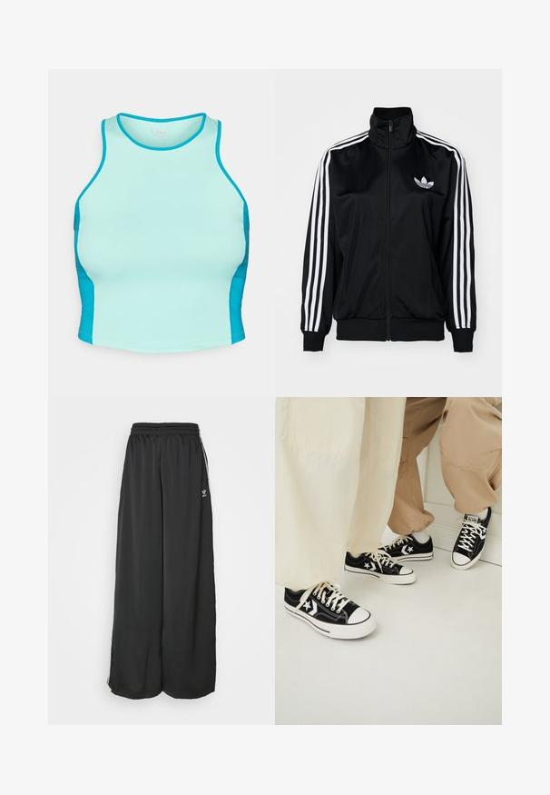 Black zip-up jacket with high collar, featuring white three-stripe accents on sleeves and embroidered logo on chest. Smooth, sporty fabric.; A fitted sports tank top in light aqua with darker aqua side panels. Made from stretchy fabric with a smooth texture and round neckline.; Black loose-fitting track pants made of smooth fabric. Features an elastic waistband and side stripes with logo accents.; Black canvas sneakers with white rubber soles, featuring white star accents and black shoelaces, paired with light beige and cream pants.