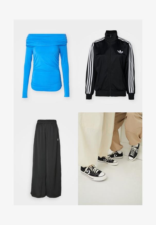 Čierna zipová bunda s vysokým golierom, s bielymi trojprúžkovými akcentmi na rukávoch a vyšitým logom na hrudi. Hladká, športová látka.; Modrá blúzka s dlhými rukávmi a odhalenými ramenami vyrobená z elastického materiálu, so zberaním na stranách pre priliehavý vzhľad.; Čierne široké tréningové nohavice vyrobené z hladkej látky. Obsahujú elastický pás a bočné pruhy s logom.; Čierne plátnené tenisky s bielymi gumovými podrážkami, doplnené bielymi hviezdičkami a čiernymi šnúrkami, skombinované so svetlo béžovými a krémovými nohavicami.