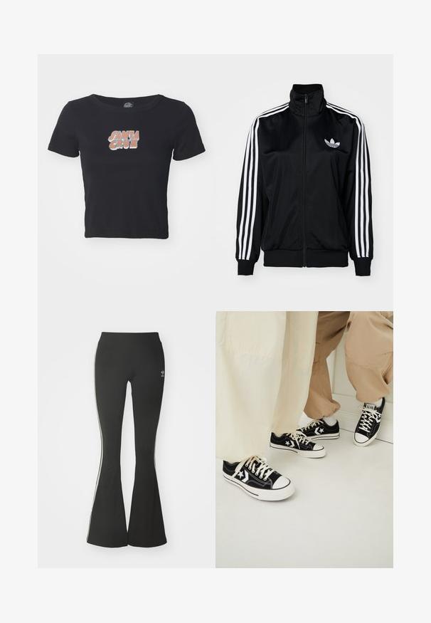 Fekete, zipzáras dzseki magas gallérral, fehér háromcsíkos díszítéssel az ujjakon és hímzett logóval a mellrészen. Simább, sportos anyag.; Fekete, puha pamutból készült crop topp, amelynek elülső részén színes "SANTA CRUZ" grafika található. Rövid ujjú és kerek nyakkivágású.; Fekete, bővülő leggings rugalmas anyagból, magas derekú fazonnal, fehér oldalsávokkal. Kicsi logó található a deréknál.; Fekete vászon sportcipők, fehér gumitalpakkal, fehér csillagdíszítéssel és fekete cipőfűzőkkel, világos bézs és krémszínű nadrággal párosítva.