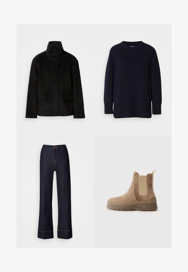 Jachetă neagră cu guler înalt, cu o textură netedă, având două buzunare frontale și un design structurat, realizată dintr-un material cald și moale.; Pulover cu guler rotund, mânecă lungă, de culoare albastru închis, cu o textură moale, tricotată, și cu manșete și tiv cu nervuri, pe un fundal gri deschis.; Pantaloni din denim închis, cu picioare largi, cu o talie înaltă, având o închidere frontală cu nasture și cusături portocalii. Textură netedă pe toată suprafața.; Botine Chelsea din piele întoarsă maro, cu panouri laterale elastice, tab pentru tras, talpă din cauciuc și suprafață texturată, având un vârf rotund și un design robust.