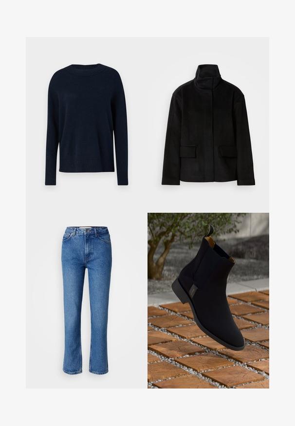 Schwarze Jacke mit hohem Kragen und glatter Textur, ausgestattet mit zwei Fronttaschen und einem strukturierten Design, gefertigt aus einem warmen, weichen Stoff.; Dunkelblauer Pullover aus weichem Strickstoff, mit einem gerippten Rundhalsausschnitt und langen Ärmeln, locker geschnitten und mit subtiler Textur.; Blaue Jeans aus Denim mit geradem Bein, klassischem Fünf-Taschen-Design, oranger Steppnaht und Knopfleiste.; Schwarze Leder-Stiefelette mit glatter Oberfläche, gelb gefüttertem Innenbereich und einer Zuglasche; vor einer strukturierten Holz- und Kiesfläche.