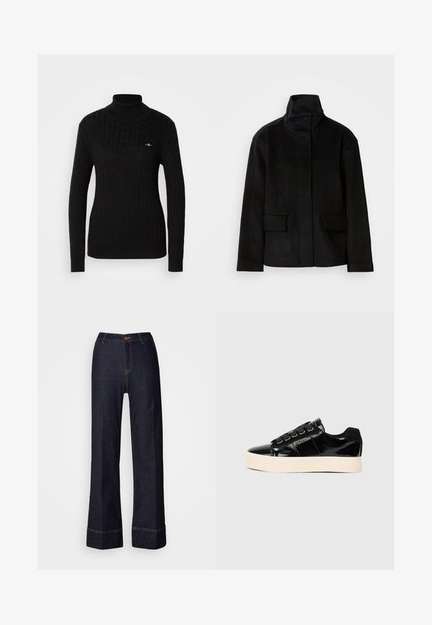 Black high-collar jacket with a smooth texture, featuring two front pockets and a structured design, made from a warm, soft fabric.; Black turtleneck sweater in a textured cable-knit design. Features long sleeves and a fitted silhouette. Small logo on the chest.; Dark denim wide-leg pants with a high waist, featuring a front button closure and orange stitching accents. Smooth texture throughout.; Black patent leather sneakers with a flat cream sole. Features black laces, gold eyelets, and logo detail on the side. Rounded toe design.
