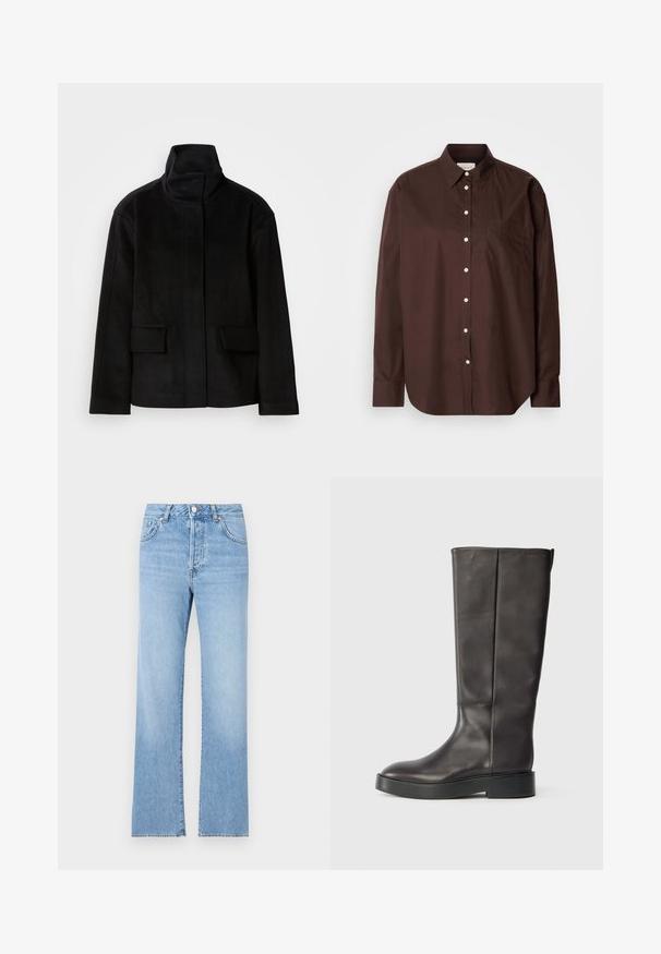 Giacca nera a collo alto con una texture liscia, dotata di due tasche anteriori e un design strutturato, realizzata in un tessuto morbido e caldo.; Camicetta marrone in tessuto di cotone, con maniche lunghe, taschino sul petto, bottoni bianchi e un design del colletto classico.; Jeans in denim blu chiaro con taglio dritto, vita alta, cinque tasche, chiusura con bottone e leggere scoloriture su tutto il tessuto.; Stivale in pelle nera alto fino al ginocchio, con suola spessa e discreto logo Calvin Klein vicino al bordo superiore, mostrato di lato.