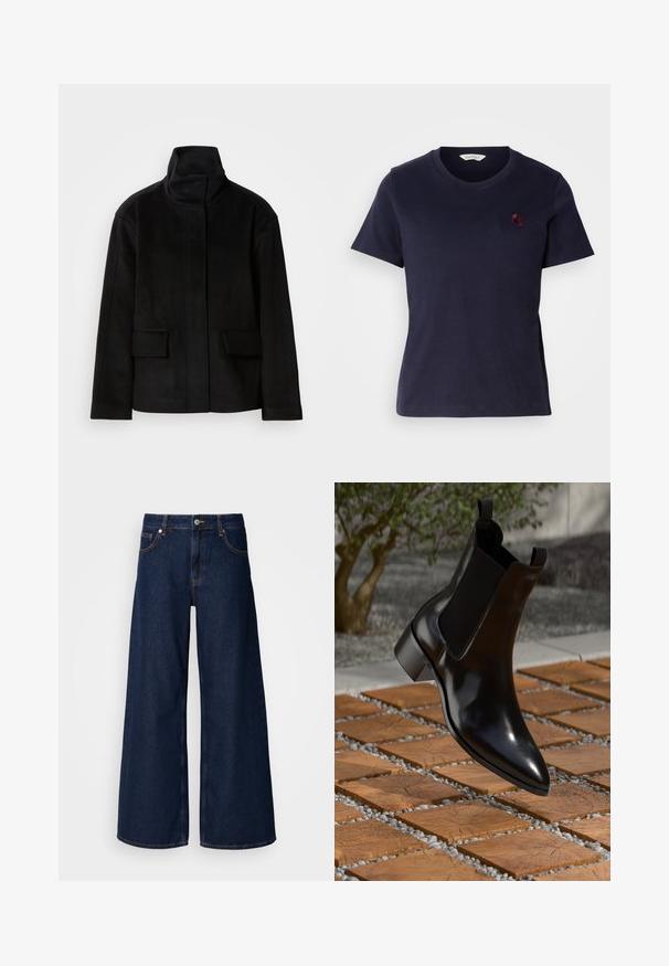 Fekete magas nyakú dzseki sima textúrával, két elülső zsebbel és struktúrált dizájnnal, meleg, puha anyagból készült.; Sötétkék pamut póló, V nyakkivágással, rövid ujjakkal, kis burgundi színű hímzett logóval a mellrészen. Puha tapintású.; Széles szárú sötétkék farmernadrág magas derekú, elülső zsebekkel és gombos záródással. Kontrasztos varrással és sima textúrával rendelkezik.; Fekete bőrből készült Chelsea csizma hegyes orral, elasztikus oldalsó panelek ezüstös színben és vastag sarokkal, kő- és fa mintás felületen pihen.