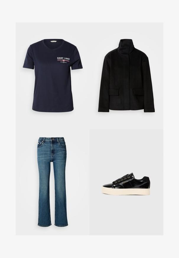 Černá bunda s vysokým límcem, hladkým povrchem a strukturálním designem, která má dvě přední kapsy a je vyrobena z teplé, měkké tkaniny.; Tmavě modré bavlněné tričko s výstřihem do V a krátkými rukávy, s bílým a červeným textem loga "GANT 1949" a designovými akcenty na levé části hrudníku.; Džínsy s vysokým pasem modré barvy vyrobené z denimu, s rovnými nohavicemi, mírným vyblednutím a standardním zapínáním na knoflík a zip.; Černé lakované tenisky s plochou krémovou podrážkou. Obsahují černé tkaničky, zlaté očka a detail loga na boku. Design s kulatou špičkou.