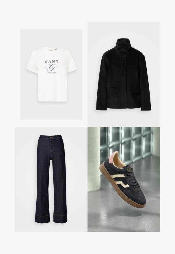 Čierna bunda s vysokým golierom a hladkou textúrou, obsahujúca dve predné vrecká a štruktúrovaný dizajn, vyrobená z teplého, mäkkého materiálu.; Biela bavlnená tričko s krátkymi rukávmi, s námořníckym modrým grafickým textom, ktorý zahŕňa "GANT", "EST. 1949" a "NEW HAVEN."; Tmavé deninové nohavice s širokými nohavicami a vysokým pásom, s predným zapínaním na gombík a oranžovými švami. Hladká textura po celom obvode.; Námornícke kožené tenisky s krémovými pruhmi, ružovými akcentmi na päte a textúrovanou béžovou gumovou podrážkou. Klasický nízky dizajn.