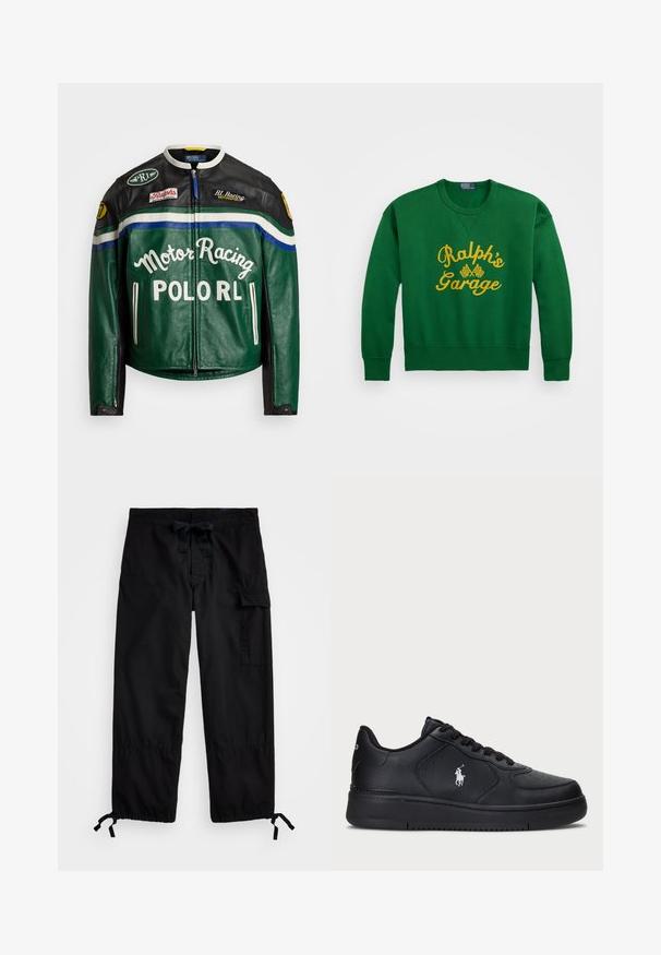 Polo Ralph Lauren MOTO JACKET - Leather jacket - tennis green; Green sweatshirt with a rounded neckline, featuring yellow embroidered text "Ralph’s Garage" and checkered flag details. Cotton blend material.; Black cargo pants with elastic waistband and drawstring. Features side pockets and adjustable cuffs with toggles. Made of lightweight fabric.; Black leather sneakers with a perforated design, flat lace-up closure, and a white embroidered logo on the side. Thick black rubber sole.