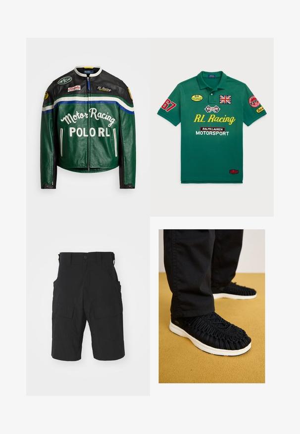 Polo Ralph Lauren MOTO JACKET - Ādas jaka - tennis green; Zaļš polo krekls, kas izgatavots no kokvilnas, ar sarkaniem un dzelteniem izšūtiem uzklājumiem, tostarp Lielbritānijas karoga un "RL Racing" tekstu uz priekšpuses.; Melnas cargo šortas, kas izgatavotas no viegla auduma, ar vairākiem kabatām, pogu aizdari un brīvu piegriezumu līdz ceļiem.; Melni sporta apavi ar pinuma auduma augšdaļu, apaļu purngali, un baltu zoli. Virsma ar šņores sistēmu un detalizētu tekstūru visā virsmā.