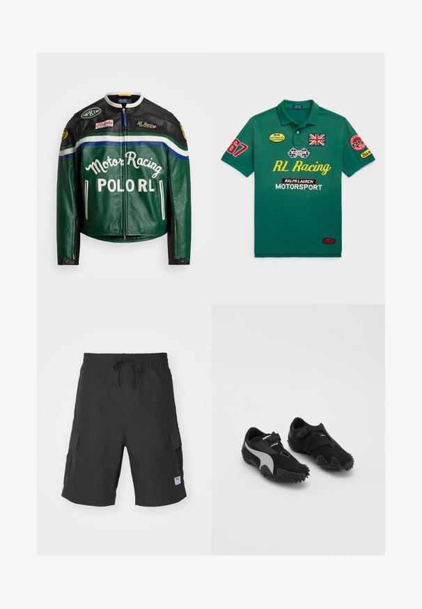 Polo Ralph Lauren MOTO JACKET - Bőrdzseki - tennis green; Zöld pamut póló, piros és sárga hímzett foltokkal, köztük egy brit zászlóval és az "RL Racing" felirattal az elején.; Fekete cargo sort tartós anyagból, rugalmas derékpánttal és zsinórral, oldalsó zsebekkel és foltlogós díszítéssel.; Fekete sportcipők textúrált talppal, karcsú sziluettel és szürke díszítéssel; biztos rögzítő pánttal és cipőfűzővel rendelkezik.