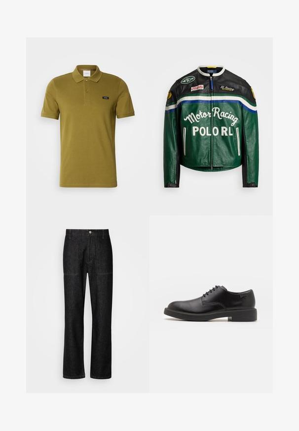 Polo Ralph Lauren MOTO JACKET - Ādas jaka - tennis green; Olīvu zaļš polo krekls, kas izgatavots no mīkstas kokvilnas. Iekļauj klasisku apkakli, divas pogas un mazu zīmola logo kreisajā krūtīs. Īsas piedurknes.; Melna denim bikses ar taisnu kāju, redzamām šuvēm un priekšējo pogu aizdari. Iekļauj divas sānu kabatas un divas aizmugurējās kabatas.; Melna āda sašūta kurpe ar noapaļotu purngalu, gludu tekstūru, minimālu šuvju skaitu un zemu gumijas papēdi. Logo uz papēža.