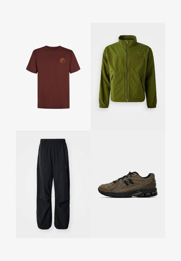 Olive green North Face jacket with full front zipper, high collar, elastic cuffs, and two front zippered pockets.; Brown cotton t-shirt with short sleeves and a round neck, featuring a small orange logo on the left side. Smooth texture and classic fit.; Black lightweight cargo pants with an elastic waistband, side zippers, and spacious pockets. Features a loose fit and tapered cuffs.; Brown running shoe with textured mesh upper, black accents, and cushioned sole. Features a lacing system and streamlined design.
