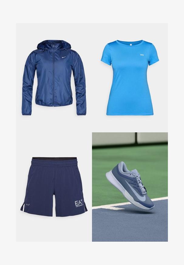 Temno modra vodoodporna jakna s kapuco, z zadrgo, elastičnimi manšetami in majhnim belim logotipom na prsih. Gladka, sijoča tekstura.; Modra kratkohlača športna majica s krožnim izrezom in majhnim belim logotipom Under Armour na zgornjem prsnem delu.; Mornarsko modri športni kratki hlače z elastičnim pasom, stranskimi žepek in belimi logotipnimi poudarki. Narejene iz lahkega, zračnega materiala.; Športni copat v svetlo modri in mornarski barvi, z teksturirano zgornjim delom, ravnimi vezalkami in lahko belo podplatom. Dvigovan nad igrališčem.