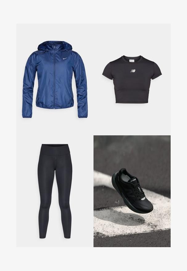 Námořnická modrá voděodolná bunda s kapucí, zipovým zavíráním, elastickými manžetami a malým bílým logem na hrudi. Hladký, lesklý povrch.; Černé zkrácené atletické tričko s krátkými rukávy, vyrobené z elastického materiálu. Má bílou logu na přední straně, kulatý výstřih a přiléhavý střih.; Černé legíny vyrobené z hladké, elastické tkaniny. Vysoký pas bez viditelných vzorů nebo akcentů. Těsně přiléhají od pasu k kotníkům.; Černá běžecká bota s texturovaným svrškem, elegantním designem a reflexními akcenty. Nabízí měkkou, polstrovanou podrážku pro pohodlí.