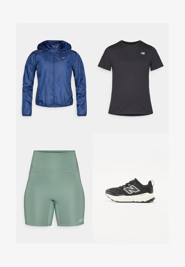 Tumši zilā ūdensizturīgā jaka ar kapuci, ar rāvējslēdzēju, elastīgām piedurknēm un mazu baltu logotipu uz krūtīm. Gluda, spīdīga tekstūra.; Melnas īsām piedurknēm T-krekls, izgatavots no mīksta auduma, ar nelielu pelēku New Balance logo kreisajā augšējā krūtīs, klasiskā apaļā kakla dizainā.; Augstās jostas līnijas sporta šorti bālā zaļā krāsā. Izgatavoti no gludas, stiepjamās materiāla ar plakanajām šuvēm un atstarojošu logo akcentu.; Melni sporta apavi ar teksturētu auduma augšdaļu, kontrastējošu balto zoli un izteiksmīgu pelēku logotipu sānos. Gumijas zole ar pievilcību.