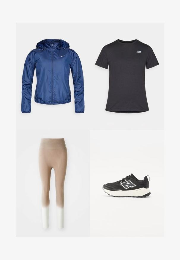 Tamnoplava vodootporna jakna s kapuljačom, rajsferšlus zatvaranjem, elastičnim manžetama i malim bijelim logotipom na prsima. Glatka, sjajna tekstura.; Crna majica s kratkim rukavima napravljena od mekanog materijala, s malim sivim New Balance logotipom na gornjem lijevom dijelu prsnog koša, klasičnog dizajna s kružnim izrezom.; Bež do bijeli ombre bezšavne tajice s visokim strukom, prikazane na jednostavnoj bijeloj pozadini.; Crne atletske cipele s gornjim dijelom od teksturirane tkanine, kontrastnom bijelom sredinom i istaknutim sivim logom sa strane. Gumeni potplat s protukliznom površinom.