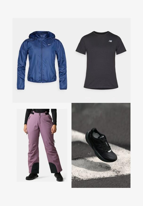 Marineblauwe waterdichte jas met een capuchon, ritssluiting, elastische manchetten en een klein wit logo op de borst. Gladde, glanzende textuur.; Zwarte korte mouwen t-shirt van zacht materiaal, met een klein grijs New Balance-logo op de bovenste linkerborst, klassieke ronde hals ontwerp.; Paarse skibroek met verstelbare banden, voorknopen, ritszakken en zwarte accenten bij de boorden. Ontworpen voor winteractiviteiten.; Zwarte hardloopschoen met een gestructureerde bovenkant, slank ontwerp en reflecterende accenten. Heeft een zachte, gevoerde zool voor comfort.