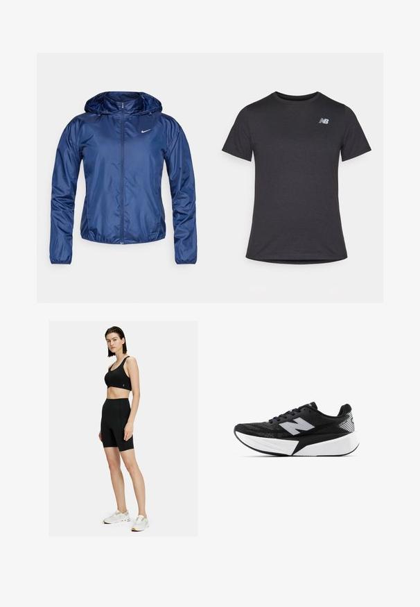Tengerészkék, vízálló kabát kapucnival, cipzáros záródással, rugalmas mandzsettákkal és egy kis fehér logóval a mellkason. Sima, fényes textúra.; Fekete, rövid ujjú póló puha anyagból, a bal felső mellrészen egy kis szürke New Balance logóval, klasszikus kerek nyakú fazonnal.; On MOVEMENT - Leggingek - black; Fekete-fehér New Balance futócipő vastag talppal, hálós felsőrésszel és "N" logóval az oldalon, külső nézetből.