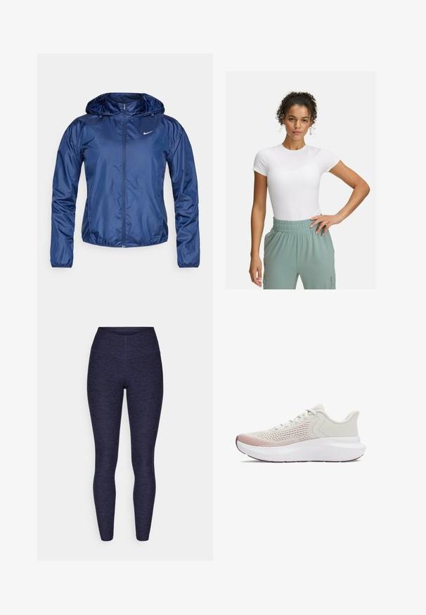 Tamsiai mėlyna vandeniui atspari striukė su kapišonu, užtrauktuku, elastiniais rankogaliais ir mažuoju baltu logotipu ant krūtinės. Lygi, blizgi tekstūra.; Baltas prigludęs marškinėliai su trumpomis rankovėmis, derinami su šviesiai žaliomis elastingomis kelnėmis. Lygi tekstūra, minimalistinis dizainas, be akivaizdžių raštų.; Tamsiai mėlynos sportinės legging kelnės, pagamintos iš tekstūruoto, tampraus audinio, su aukštu juosmeniu ir lygiomis siūlėmis, užtikrinančiomis patogumą ir prigludimą.; Lengvi sportiniai bateliai su kvėpuojančiu baltu tinkleliu, gradientiniais rožiniais akcentais ir storesne balta nėriniuota padu.