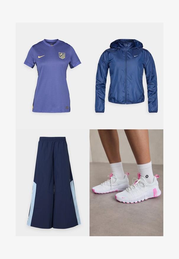 Temno modra vodoodporna jakna s kapuco, z zadrgo, elastičnimi manšetami in majhnim belim logotipom na prsih. Gladka, sijoča tekstura.; Vijolična nogometna majica z V-izrezom in kratkimi rokavi, z rumenim logotipom Nike in večbarvno črtasto ekipno oznako na prsih.; Mornarsko široki hlače z elastičnim pasom, z svetlo modrimi stranskimi paneli in gladko teksturo. Zasnovane za udobje in enostavno gibanje.; Bele športne čevlje v beli barvi z roza podrobnostmi, aerodinamičen oblikovanje, teksturiran zgornji del iz mrežastega materiala in fleksibilen gumijast podplat. Vsebujejo logotip in zanko za poteg.