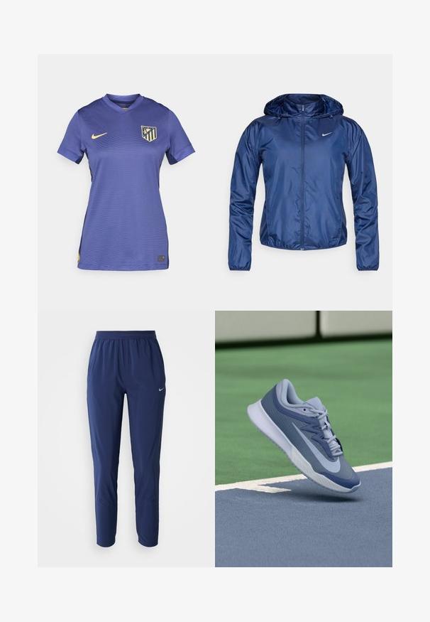 Marineblauwe waterdichte jas met een capuchon, ritssluiting, elastische manchetten en een klein wit logo op de borst. Gladde, glanzende textuur.; Paarse voetbaltrui met V-hals en korte mouwen, met een geel Nike-logo en een meerkleurig teamembleem op de borst.; Marineblauwe sportbroek met een elastische tailleband, taps toelopende benen, gemaakt van een lichtgewicht stof, met een klein zilveren logo op de heup.; Sport sneaker in lichtblauw en marineblauw, met een gestructureerde bovenkant, platte veters en een lichte witte zool. Verhoogd boven een speelveld.