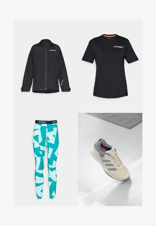 Černá nepromokavá bunda se zipem vpředu, kapucí a nastavitelnými manžetami. Obsahuje bílé logo a texturovanou vnitřní podšívku.; Černé tričko s krátkým rukávem a kulatým výstřihem, s jemnou melanžovou strukturou a bílým logem "TERREX" na levé horní straně.; Tyrkysové legíny s abstraktními bílými a tyrkysovými geometrickými vzory. Vyrobené z elastického materiálu, s černým páskem s logem TERREX.; Béžová sportovní obuv se šedými akcenty, síťovanou svrchní částí a strukturovanou podrážkou. Má tři šedé pruhy a růžové vnitřní detaily.