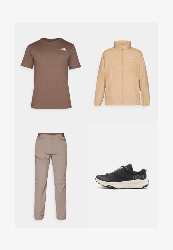 Svetlobéžová nafúknutá bunda s vysokým golierom a predným zipsom. Má jemné logo Columbia a elastické manžety. Hladká textúra.; The North Face M SS BOX NSE TEE - Tričko s potlačou - smokey brown/black; Salomon WAYFARER PANTS - Outdoorové nohavice - iron; Čierne športové topánky s textúrovaným zvrškom, sivými akcentmi, reflexnými detailmi a hrubou bielou podrážkou s logom Vibram.