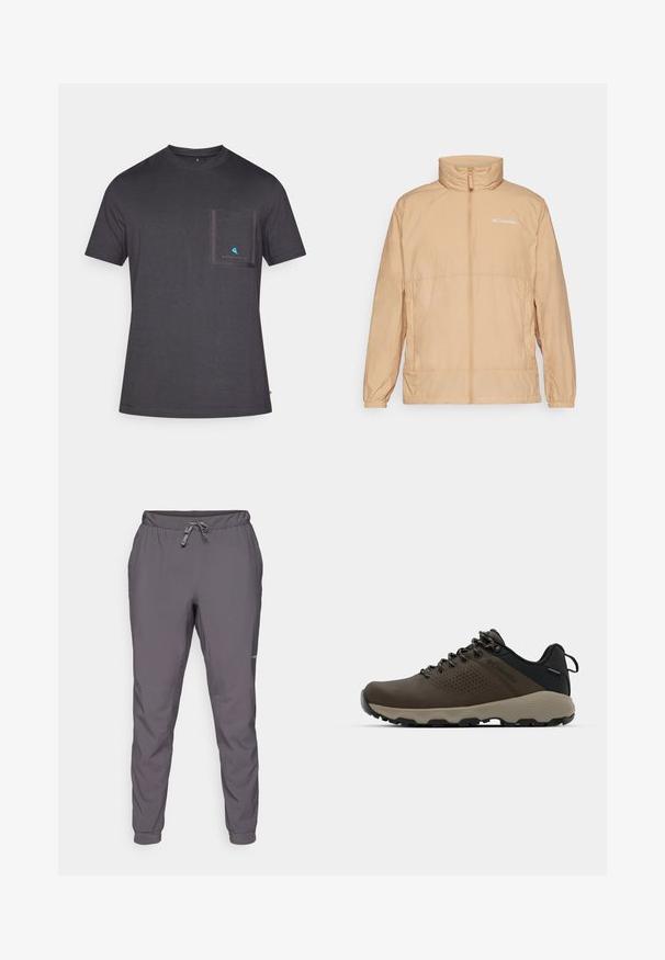 Šviesiai smėlinė pūkinė striukė su aukštu apykakle ir priekiniu užtrauktuku. Įrengtas subtilus Columbia logotipas ir elastingi rankogaliai. Lygi tekstūra.; Tamsiai pilkas marškinėlių su apvalia iškirpte, pagamintas iš minkštos medžiagos, su krūtinės kišene, apibrėžta tamsesne pilka linija ir mažu mėlynu logotipu kišenėje.; Pilkos, lengvos, elastingos juosmens kelnės su reguliuojama raišteliu; siaurėjančios kojos; glotni tekstūra; šone yra logotipo detalė.; Rudi nepralaidūs sportbačiai su tekstūruota viršutine dalimi, perforuotomis detalėmis, juodu kulno palaikymu ir pilku guminio padu. Šniūreliai yra dekoruoti metaliniais galais.