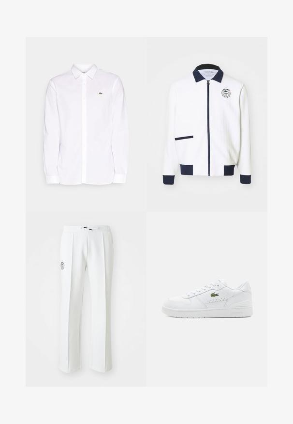 Casaco de fecho éclair branco com colarinho azul-marinho, pormenores em azul-marinho e um logótipo de clube de ténis no peito. Apresenta um pequeno bolso frontal. Tecido texturizado.; Camisa branca de mangas longas feita de algodão, com colarinho abotoado, um logótipo bordado verde no lado esquerdo do peito e punhos retos.; Calças brancas de corte reto, feitas de material suave, com um cós elástico ajustável e um bordado de logótipo no lado esquerdo.; Sapatilhas brancas de pele com detalhes perfurados, atacadores planos e um pequeno logo verde na lateral. Sola de borracha e colarinho acolchoado para maior conforto.