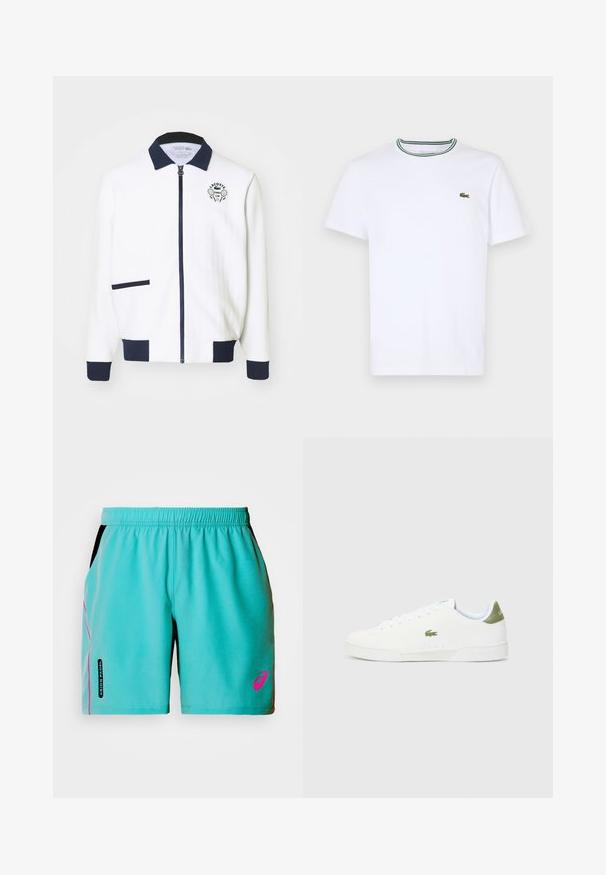 Λευκό φούτερ με φερμουάρ και ναυτικό γιακά, ναυτικές επισημάνσεις και λογότυπο τένις στο στήθος. Έχει μια μικρή μπροστινή τσέπη. Υφασμάτινη υφή.; Λευκό κοντομάνικο μπλουζάκι φτιαγμένο από βαμβάκι με rib κολάρο που διαθέτει πράσινες και μαύρες ρίγες; μικρό πράσινο κεντητό λογότυπο στην αριστερή πλευρά του στήθους.; ASICS PADEL COURT SHORT - Αθλητικό σορτς - energy aqua; Λευκά αθλητικά παπούτσια με λεία υφή, που διαθέτουν πράσινη λεπτομέρεια στη φτέρνα και ένα μικρό ραμμένο λογότυπο κροκοδείλου στο πλάι.