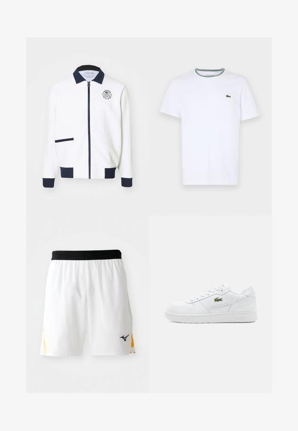 Vit zip-up jacka med marinblå krage, marinblå detaljer och en tennisklubb-logotyp på bröstet. Har en liten framficka. Strukturerad tyg.; Vit bomullskortärmad T-shirt med ribbad krage som har gröna och svarta ränder; liten grön broderad logotyp på vänster bröst.; Vita atletiska shorts med svart elastisk midja och gula sidodetaljer, med en liten svart sportvarumärkeslogotyp på höger ben.; Vita lädersneakers med perforerade detaljer, platta snören och en liten grön logga på sidan. Gummisula och vadderad krage för komfort.