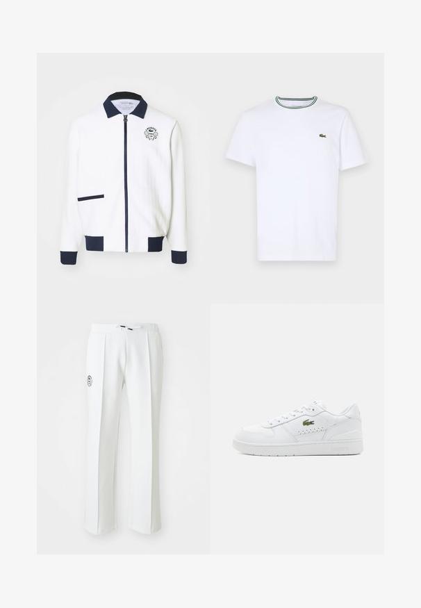 Casaco de fecho éclair branco com colarinho azul-marinho, pormenores em azul-marinho e um logótipo de clube de ténis no peito. Apresenta um pequeno bolso frontal. Tecido texturizado.; T-shirt branco de algodão de mangas curtas com colarinho canelado, apresentando riscas verdes e pretas; pequeno logotipo verde bordado no lado esquerdo do peito.; Calças brancas de corte reto, feitas de material suave, com um cós elástico ajustável e um bordado de logótipo no lado esquerdo.; Sapatilhas brancas de pele com detalhes perfurados, atacadores planos e um pequeno logo verde na lateral. Sola de borracha e colarinho acolchoado para maior conforto.
