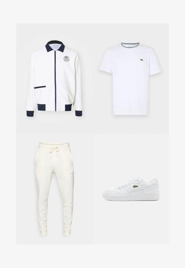 Biela zipsová bunda s námorníckym golierom, námorníckymi akcentmi a logom tenisového klubu na hrudi. Obsahuje malú prednú kapsu. Textúrovaná tkanina.; Biela bavlnená tričko s krátkym rukávom a rebrovaným golierom s zelenými a čiernymi pruhmi; malá zelená vyšitá logo na ľavej hrudi.; Biele teplákové nohavice vyrobené z mäkkej látky, s elastickým pásom na šnúrku, bočnými vreckami a rebrovanými manžetami.; Biele kožené tenisky s perforovanými detailmi, plochými šnúrkami a malým zeleným logom na bokoch. Gumová podrážka a polstrovaný golier pre pohodlie.